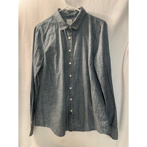 J. Crew blue‎ jean denim white dots button up womens long sl Large casual shirt - Picture 1 of 5